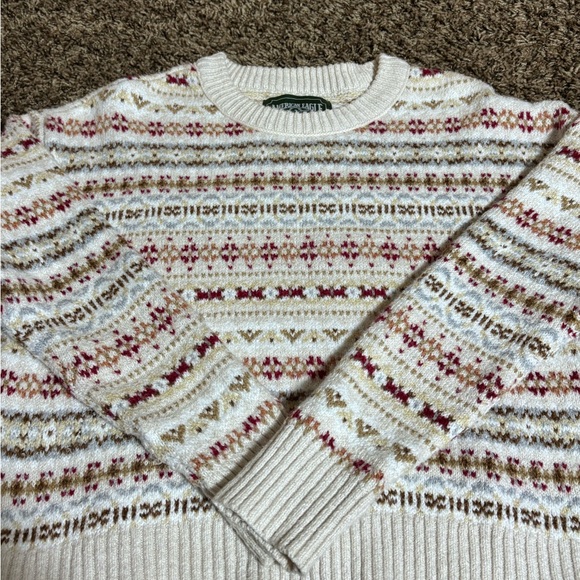Vintage American Eagle Knit Pullover Sweater Fair Isle Ivory Red Brown Crew Neck - Picture 6 of 6